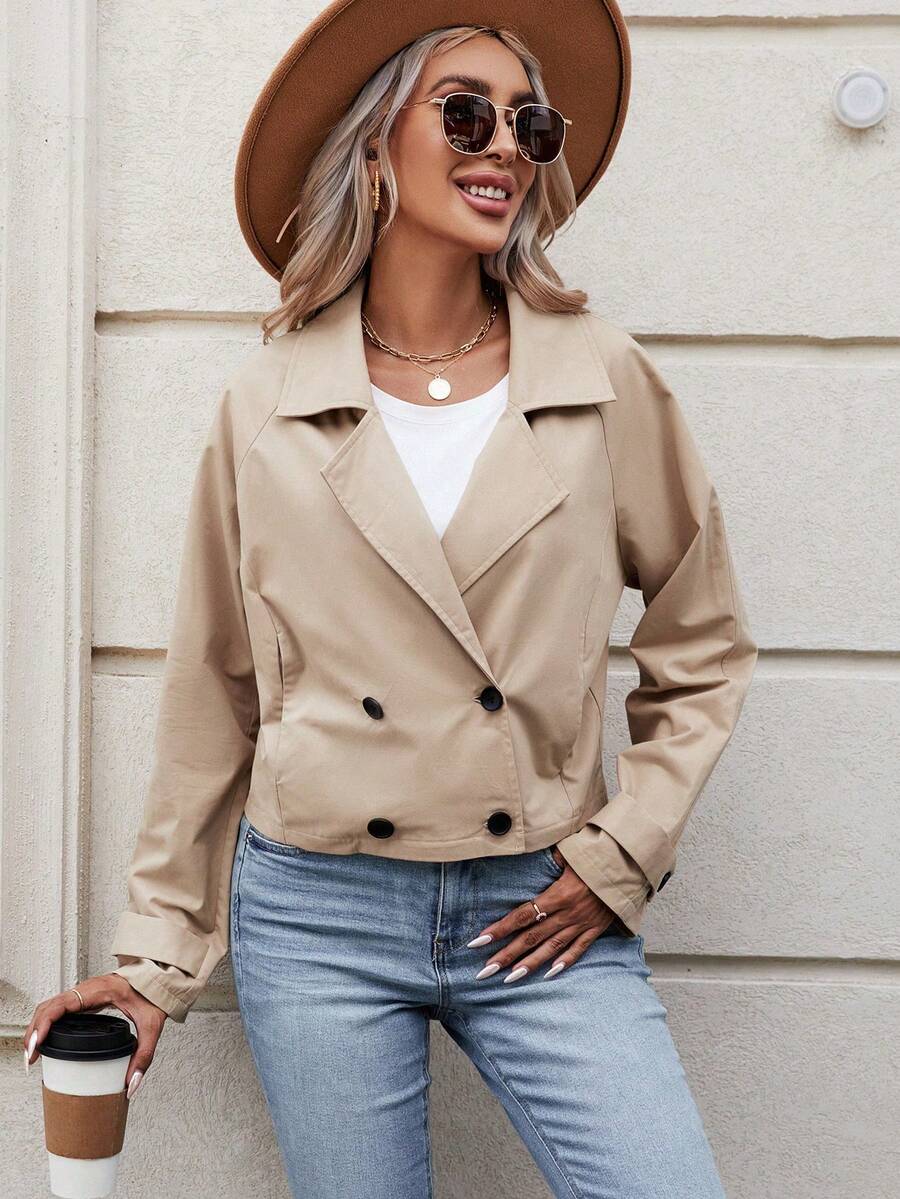 Damen Einfarbige Jacke mit Kragen, Raglanärmel und Doppelreiher, Lässig