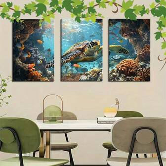 With Wooden Frame Packaging Canvas 3 Pieces Set Canvas Home Decor, Can Directly Hang A Beautiful Turtle Swimming On The Water Wall Painting Bathroom Decor Art Mural Home Decoration