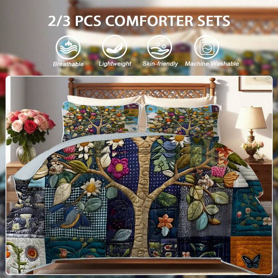 2/3pcs Artistic Tree Print Quilt Set(1 Quilt + 1/2 Pillowcases), Machine Washable Breathable And Durable Summer Bedding Set, 100% Polyester Lightweight Bedspread Set, Versatile For All Seasons, Stylish Room Decor, Holiday Gift - Art Tree - View 1