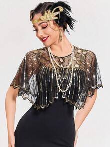 1pc 1920s Elegant Vintage Sequin Shawl, Beaded Embroidered Lace Trim Versatile Capelet Shawl, Breathable Women Party Dress Accessory Shawl/Bolero, Fashion Party Evening Gown Accessory