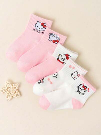 Sanrio 5 Pairs Kids' Hello Kitty Pattern Ankle Socks, Featuring Pink & White Color Options, With Adorable Hello Kitty Prints And "HELLO KITTY" Text Details, Crafted From & Breathable - Rich Material, Ensuring All - Day Comfort & Gentle Fit, In A Sweet Cartoon Style, Perfect For Daily Outfits, School Looks, Birthday Gifts, Ideal For Hello Kitty
