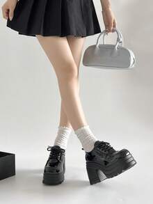 Giày Oxford Mary Jane đế dày, cao gót siêu cao 10cm, kiểu Anh, chất liệu da bóng, kiểu dáng casual, buộc dây, thích hợp cho nữ. - màu đen - Xem 9