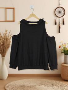 Plus Size Women's Solid Color Open Shoulder Long Hoodie Sweatshirt Spring Black - Black - View 2