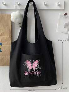 Bolsa de lona casual con estilo Y2k, con diseño de mariposa rosa y patrón de letra personalizado para mujeres. Equipada con una bolsa de maquillaje con cremallera negra, bolsa de almacenamiento casual portátil, bolsa de almacenamiento de artículos de tocador, bolsa de compras multifuncional, nuevo diseño, gran capacidad, muy adecuada para compras, bolso de hombro, bolso de mano, bolsa de almuerzo, lonchera, bolso cruzado, adecuada para hombres y mujeres, parejas, uso diario