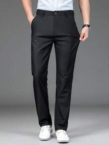 弹力高腰通勤风西裤，刺绣弹力休闲裤，男士春秋职业正装西装裤，四季新款直筒裤，适合婚礼、派对、毕业典礼、圣诞节、职业装（律师、医生、老师、精英） - 黑色 - 查看 4