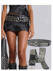 1 件宽朋克铆钉眼腰带，不对称 Y2K Baddie Aesthetics 轻质多功能皮带