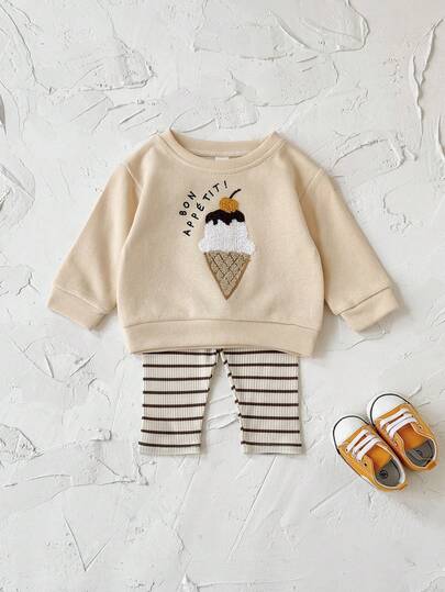 2件套女婴休闲冰淇淋刺绣长袖运动衫和裤子套装，春夏