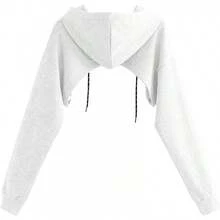 Women Crop Top Pullover Sweatshirt Long Sleeve Drawstring Hoodie - 白色 - 查看 2