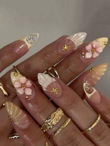24pcs Medium Almond Nail Stickers With Yellow Gradient Smudge 3D Sweet Flowers, Shells, Starfish And Pearls. Sweet And High-End Nail Set (With: A Piece Of Jelly Glue And A File) Suitable For Women's Daily Dating Parties