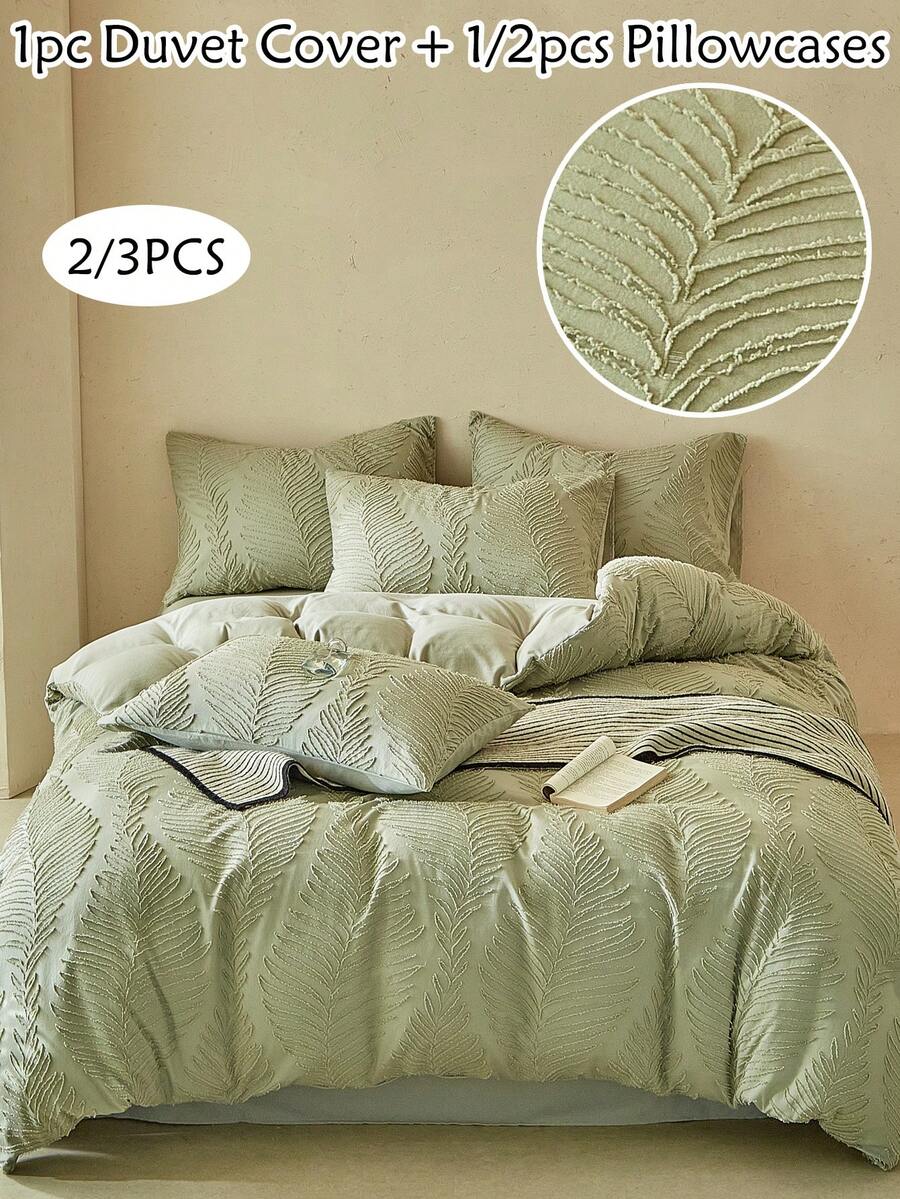 2/3pcs Green Leaf Pattern Tufted Jacquard Polyester Duvet Cover Set, Bohemian Vintage Unique Bedding Set, Suitable For All Seasons, Minimalist Solid Color Rustic Style Duvet Cover & Pillowcase(1 Duvet Cover + 1/2 Pillowcase, Excluding Filler) - Green - View 1