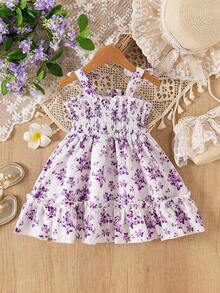 女婴花卉印花细肩带蝴蝶结荷叶边下摆连衣裙 - 紫色 - 查看 2