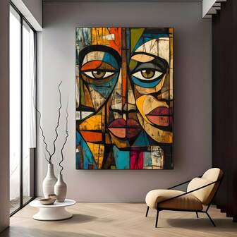 1 pieza Obra de arte de pared abstracta africana de rostro de mujer - Impresión vertical grande en lienzo, colores mixtos vibrantes, pinceladas audaces, decoración moderna sin marco para sala de estar, dormitorio, comedor, uso interior/exterior
