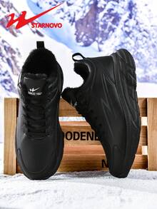 STARNOVO Plus Size Black Fleece Casual Sports Shoes, Warm Leather Upper Men's Shoes, Lightweight, Fashionable, Comfortable Breathable Soft Sole, Suitable For Casual And Running