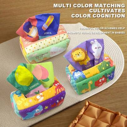 1 Set 10pcs Baby Tissue Box Toy - Montessori Designed Soft Plush Tissue Box Toy For 6-12 Months Infants, Soft Filling, Reusable Silky Scarves, Develop Baby's Fine Motor Skills, High Contrast Crinkle Sensory Toy, Includes 3*Sound Papers And 6*Scarves, Early Learning Birthday Gift For Boys & Girls (Some Accessory Colors Random)