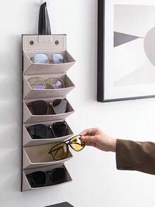 Leather Multi-Compartment Sunglasses Case, Minimalist Eyeglasses Storage Box, Portable Large Capacity Foldable Glasses Case - Black - View 2