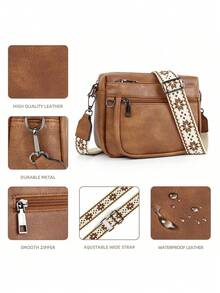 波西米亚复古风格女士单肩包，多口袋拉链开合，复古优雅街头时尚斜挎包，轻便户外便携方形包，可装手机、相机、硬币、化妆品，休闲时尚女士手提包，柔软纯色简约 PU 皮革，涤纶衬里，适合旅行、度假、派对、商务、妈咪包，可拆卸肩带 - 棕色 - 查看 4