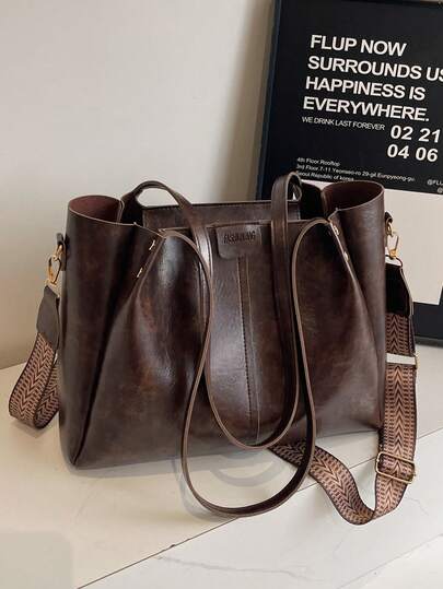 New Elegant Patchwork PU Leather Tote Bag, Simple Fashion Foldable Large Capacity Handbag For Women, Daily Work Commute Travel Casual Bag, Great Gift For Mom