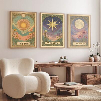 Tranh vẽ trên vải hình lá bài Tarot Mặt Trời, Mặt Trăng, Sao, Tranh treo tường chủ đề bầu trời sao, Tranh áp phích chiêm tinh, Nghệ thuật Tarot, Tranh áp phích chiêm tinh cổ điển, Tác phẩm nghệ thuật phong cách Boho huyền bí, Trang trí nhà cửa, Trang trí phòng khách, Trang trí tường, Không khung