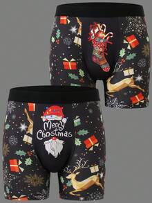 2pcs Men's Christmas Cartoon Socks Gift Print Boxer Briefs, Funny Cute Men's Boxer Shorts, Casual Home Men's Shorts, Sexy Men's Boxer Briefs