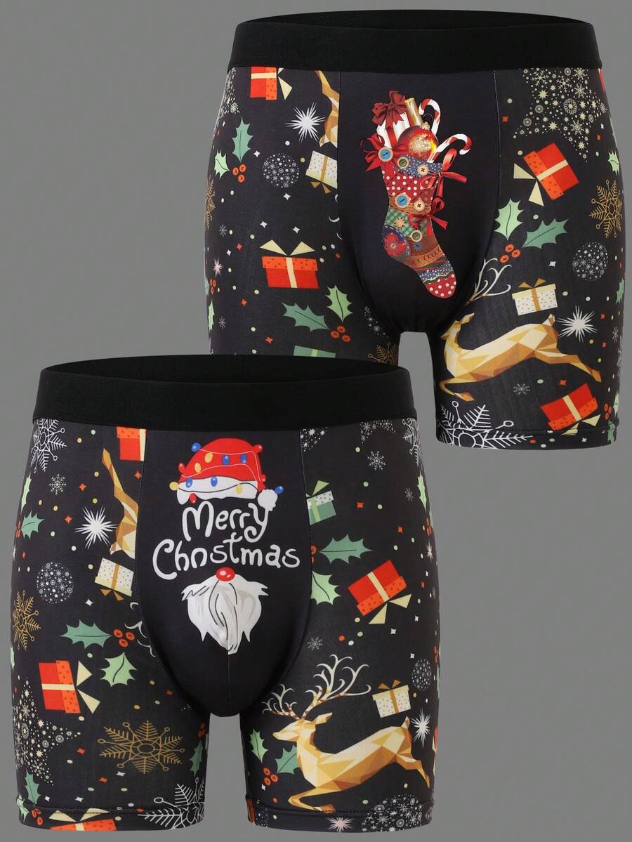 2pcs Men's Christmas Cartoon Socks Gift Print Boxer Briefs, Funny Cute Men's Boxer Shorts, Casual Home Men's Shorts, Sexy Men's Boxer Briefs