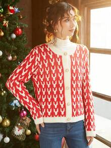 Knit Mix Elegant Women's Autumn/Winter Fashion Casual French Style Round Neck All-Over Print Colorblock Jacquard Front Button Long Sleeve Cardigan - Red - View 5