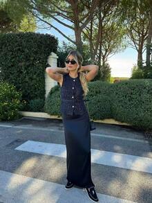 Women's Button Decor Ruffle Hem Camisole, Wide Strap, Summer Women's Basic French Metal Button Sleeveless Thin Blazer - Blue and White - View 5