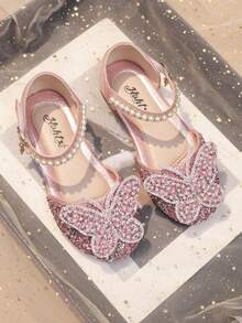 1 Pair Children's Silver Rhinestone Pearl Bow Decor Gilly PU Splice Round Toe Girls Flat Sandals, Suitable For Daily Wear, Dance, Outdoor, Festivals, Parties, Glitter Decor Closed Toe Princess Shoes, Suitable For Spring, Summer, Autumn