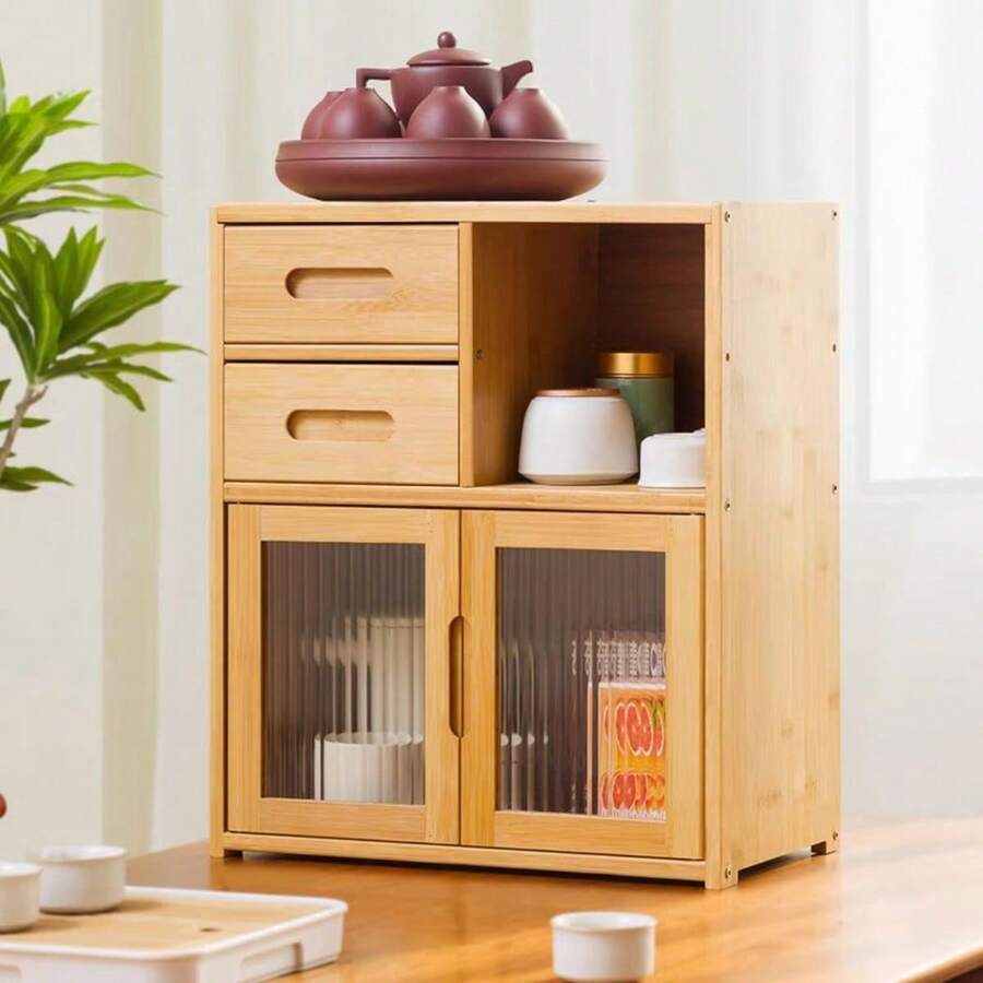 HOHOBLA Bamboo Countertop Shelf Storage Cabinet Kitchen Pantry, Medium Kitchen Pantry Sideboard With 2 Drawers Freestanding Kitchen Countertop Storage Shelf For Dishs Bowls - 原色 - 查看 1