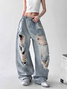 Y2K Girls Vintage Washed Distressed Loose Straight Leg Jeans, Casual & Snug Fit - Blue - View 3