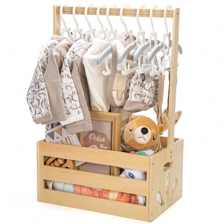 Wooden Baby Shower Crate Closet, Baby Storage Crate With Handle, Basket For Baby Shower Gifts, Welcome Gift Basket For Newborn Boys Girls, Pregnancy Gifts For New Parents(Includes 5 Wooden Hangers) - Màu tự nhiên - Xem 1