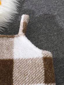 2pcs Girls Warm & Fashionable Outdoor Outfit, Long Sleeve Contrast Plaid Fuzzy Button Jacket And Autumn/Winter Suspender Dress