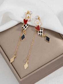 一对独特的撞色格纹心形耳环，时尚别致，是女性的理想珠宝之选，适合日常佩戴或派对场合。 - 彩色 - 查看 2