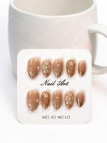 JUTI 10pcs Handmade Short Almond Shaped Nail Tips | Nude Base Color, Decorated With 3D Flowers, Pearls And Gold Accents | Elegant Daily Reusable Nail Set Nails Handmade Press On Nails - Multicolor - View 2