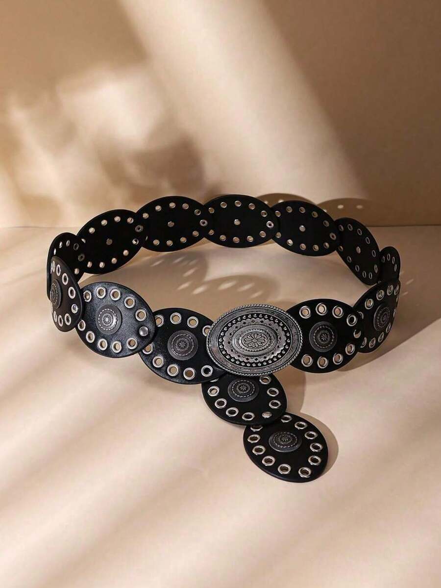 1 pieza Cinturón casual con remaches y estampado de lunares bohemio, cinturón casual de PU para jeans, versátil para exteriores, festivales, viajes, cinturón estilo occidental, disponible en tallas grandes - Negro - Ver 1