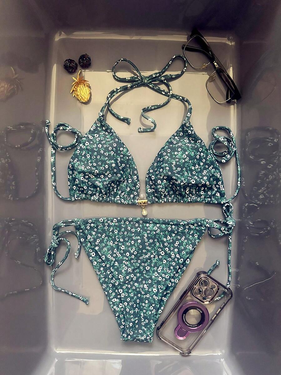 Nouveau maillot de bain pour femme, bikini deux pièces sexy avec Top triangle blocs de couleurs et fleurs ditsy, printemps/été
