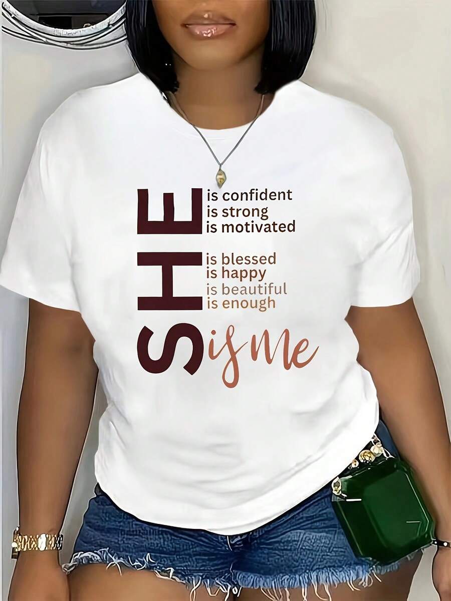 Plus Size, Plus Size Round Neck Printed T-Shirtspring,Vintage Women Clothes,Summer Tops For Women,Tops For Women,Tops Women Clothes,Spring Clothes,Cute Tops Women,Cute Tops Women,Vacation Outfits Women,Summer Outfits For Women,Summer Outfits,Beach Outfits - 白色 - 查看 1