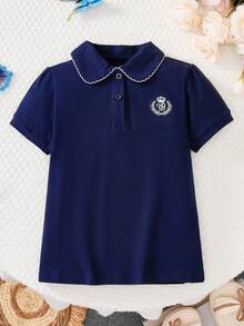 Tween Girl Embroidery Detail Polo Shirt - Royal Blue - View 1