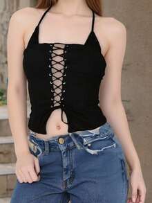 Chaleco de verano para mujer, sin mangas, con cuello halter, espalda abierta, cruzado y vendaje - Negro - Ver 4