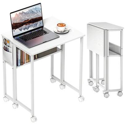  HOMCOM Folding Desk With Storage Shelf And Bag, 63 Cm Foldable Computer Desk For Small Spaces, Space Saving Writing Table On Wheels For Home Office, Bedroom, Easy Assembly, White