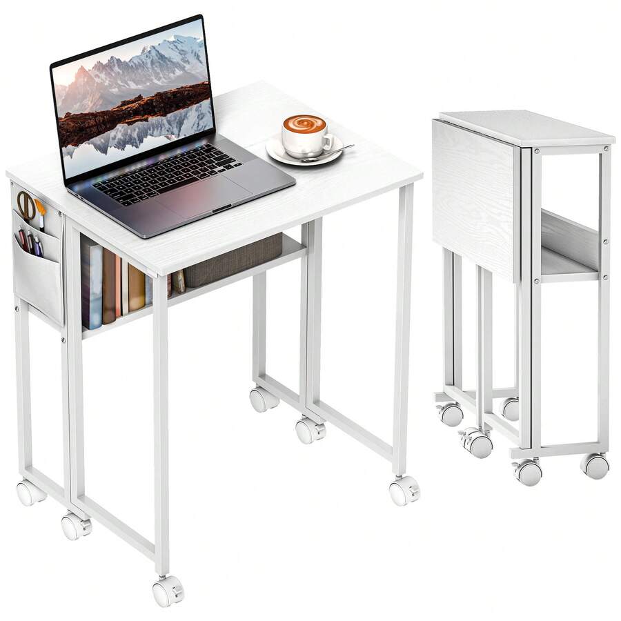 HOMCOM Folding Desk With Storage Shelf And Bag, 63 Cm Foldable Computer Desk For Small Spaces, Space Saving Writing Table On Wheels For Home Office, Bedroom, Easy Assembly, White - White - View 1