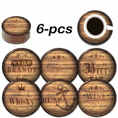 Set Of 6, Wooden Coasters, Round Non-Slip Drinks Mats With Whiskey, Rum, Cocktail And Brandy Designs - Suitable For Coffee, Tea And Alcoholic Beverages - Suitable For All Glasses And Mugs, Home Decor, Kitchen Decor, Kitchen Accessories, Table Decor, Birthday Gifts, Choose From 1, 2 Or 31 Sets,Coaster Set,Coasters Drink Coasters,Coaster For Cup At Home