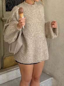 Women Casual Long Sleeve Fall Sweaters High Neck Solid Color Soft Ribbed Knitted Oversized Pullover Loose Fit Jumperih - Khaki - View 6