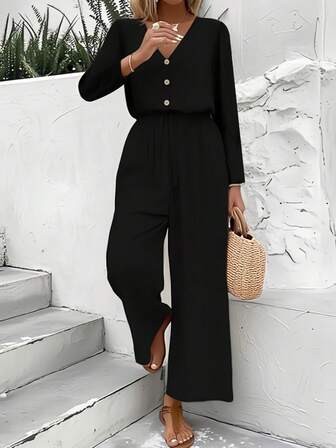 Mono largo de unicolor con cuello en V, manga larga y botones de amarre, elegante, digno, simple y elegante para el transporte de mujeres europeas y americanas