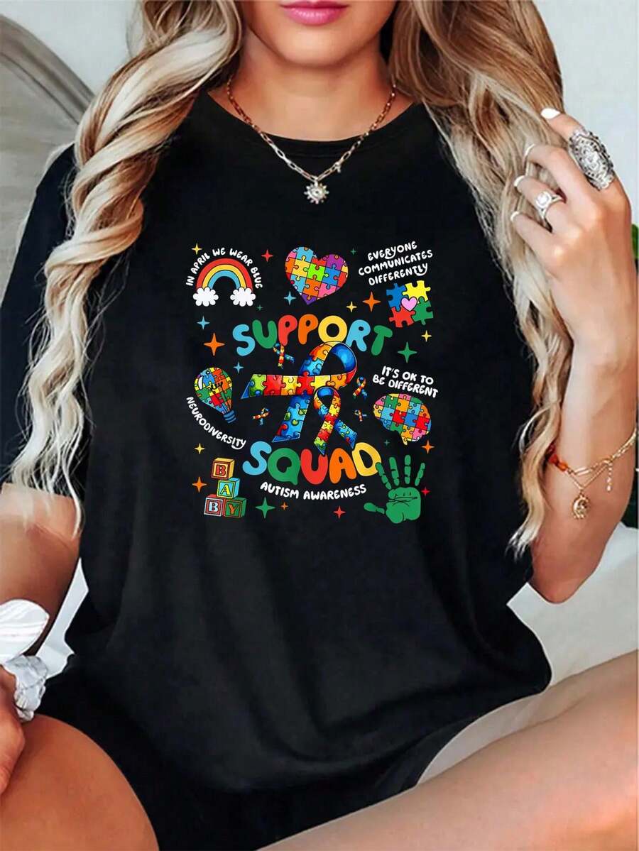 Camiseta de algodón 100% unisex de conciencia sobre el autismo, equipo de apoyo al autismo, camiseta de corazón de rompecabezas familiar, camiseta de manga corta estampada de otoño e invierno - Negro - Ver 1