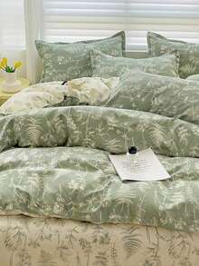 4件套绿叶图案床上用品（1个被套，2个枕套，1张床单），田园优雅风格，亲肤舒适，适合单人/双人床，四季皆宜
