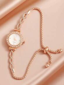 1pc/2pcs Fashionable Women's Bracelet Watch, Luxury Round Dial With Rhinestone Diamond Crystal Ripple Design, Alloy Quartz Watch, Gift For Girlfriend