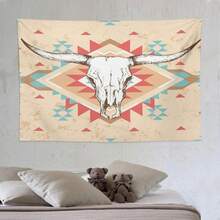 1pc Western Bohemian Cow Head Bone Tapestry - Rustic Farmhouse Wall Decor With Geometric Patterns, Polyester Fabric, Perfect For Living Room Or Bedroom, Bedroom Wall Decor|Rustic Farmhouse Style|Polyester Tapestry, Cow Decor - Màu sắc hình ảnh - Xem 3