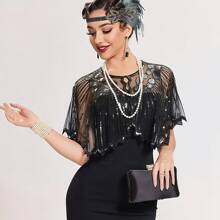 1pc 1920s Elegant Vintage Sequin Shawl, Beaded Embroidered Lace Trim Versatile Capelet Shawl, Breathable Women Party Dress Accessory Shawl/Bolero, Fashion Party Evening Gown Accessory