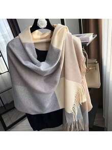 1 Piece Of Plaid Tassel Warm Casual Simple Knitted Women's Scarf Neck Scarf Couple Neck Scarf Suitable For Autumn And Winter Use - 012 Màu be lạc đà - Xem 4