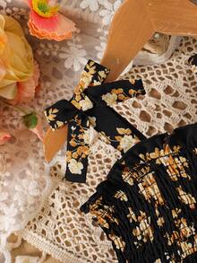 Baby Girl Floral Print Spaghetti Strap Bow Ruffle Hem Dress - Black - View 4